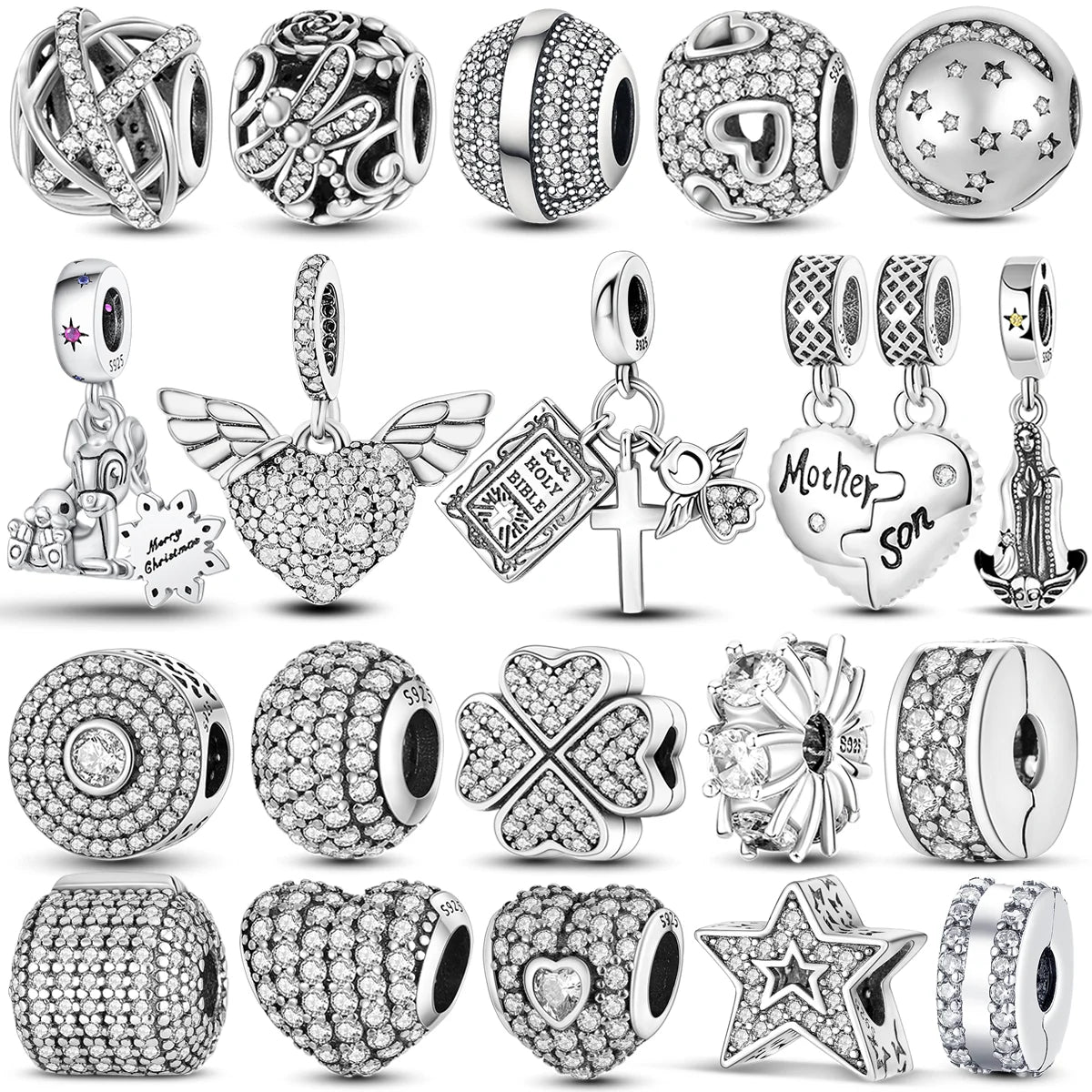 925 Silver Color Star Moon Heart Safety Chain CZ Beads Angle Wing Pendant Fit Bangle Charms Bracelet DIY Women Original Jewelry