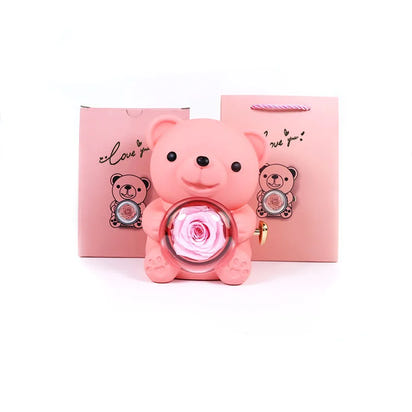 Custom Engraved Name Necklace Teddy Bear Eternal Rose Gift Box with Rotate Rose Jewelry Box for Girl Valentines Christmas Gifts
